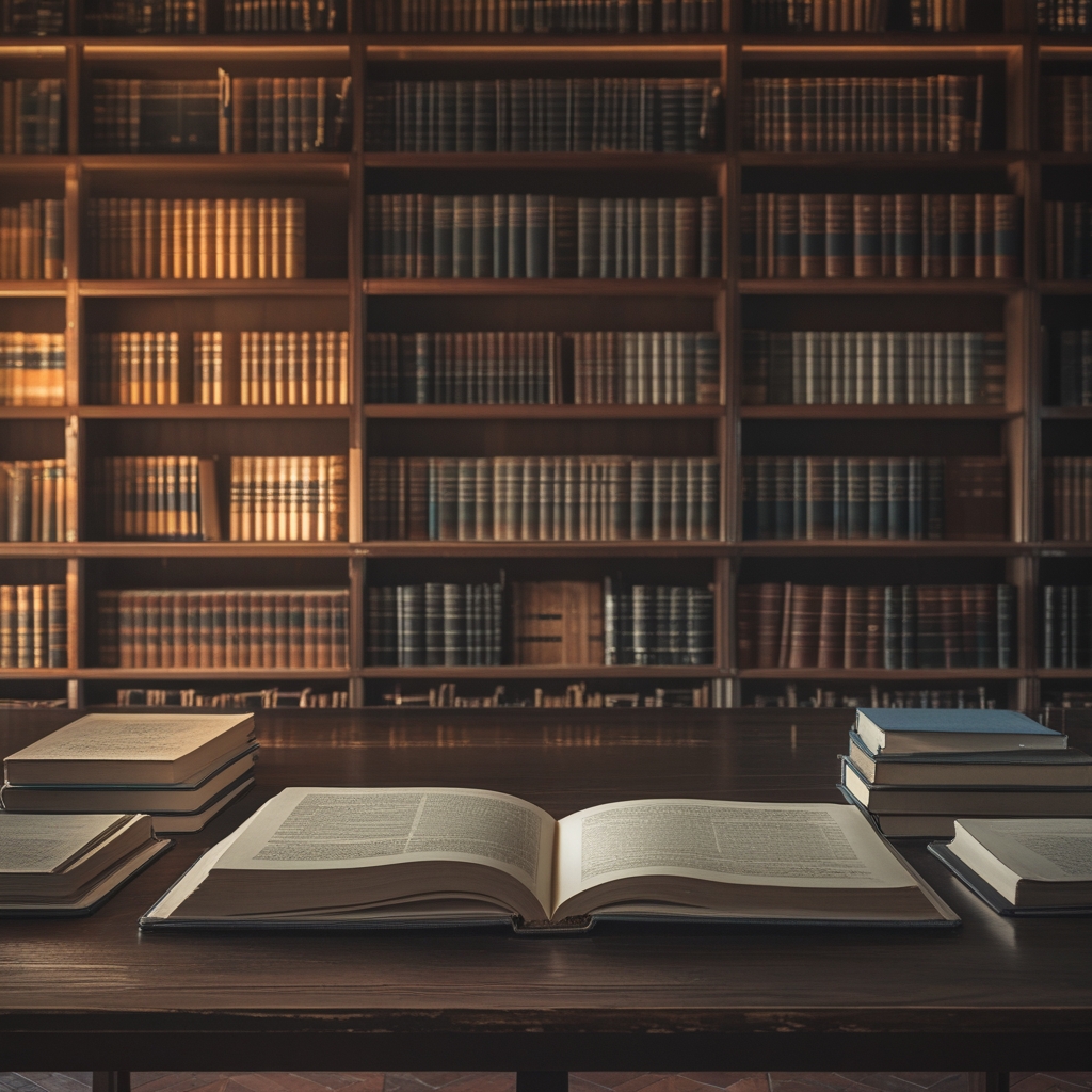 Lesepult in einer ruhigen Bibliothek mit warmem Licht, aufgeschlagene Bücher und Notizbücher auf dunklem Holztisch, Atmosphäre von Studium und konzentrierter Forschung