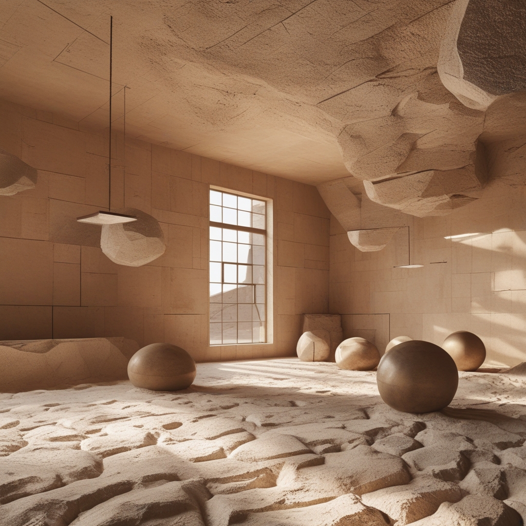 Abstrakte Draufsicht auf geometrisch angeordnete, unterschiedlich große runde Steine auf einer strukturierten Sandmatte, warm beleuchtetes Studio, Fokus auf Muster und Ordnung