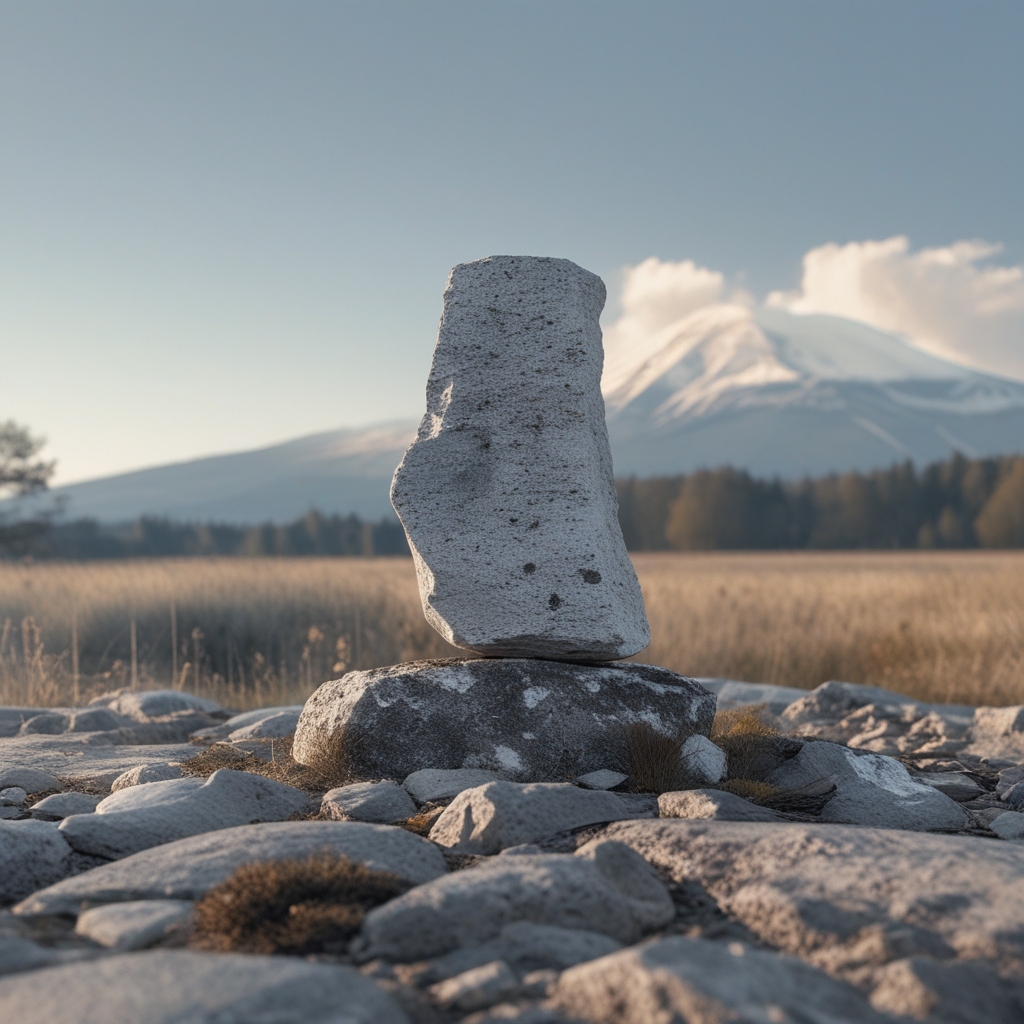 Natürlicher Stein, der auf einem anderen balanciert, in ruhiger Landschaft mit weichem Himmel im Hintergrund, Metapher für Gleichgewicht und Stabilität