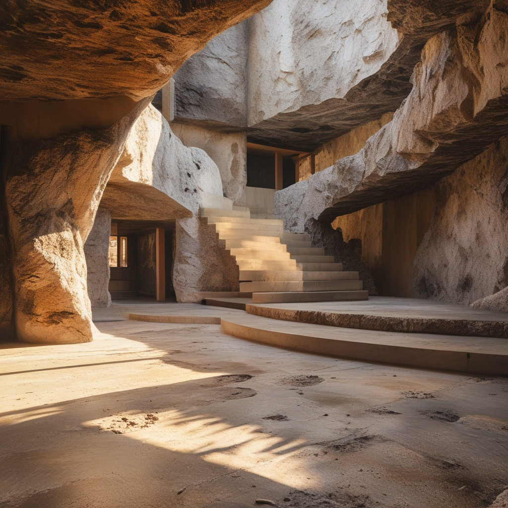 Strukturelle Aufnahme von organischen, gebogenen Formen wie Baumwurzeln oder Felskonturen, die Bewegung und strukturelle Spannung vermitteln, warme Erdfarben, tiefe Schatten