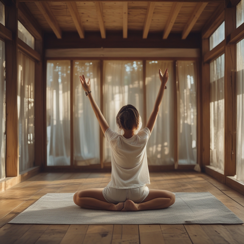 Ruhige Dehnposition in einem hellen Holzraum, Person streckt Arme nach oben in Richtung Tageslicht, weiche Schatten, neutrale Töne