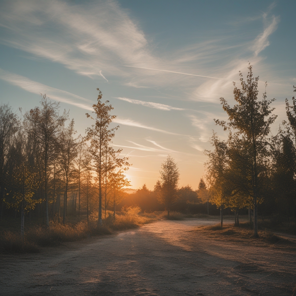 Weiter, ruhiger Naturraum mit sanftem Morgenlicht, Wiese und fernen Baumreihen im Dunst, warme goldene Töne, friedliche Atmosphäre