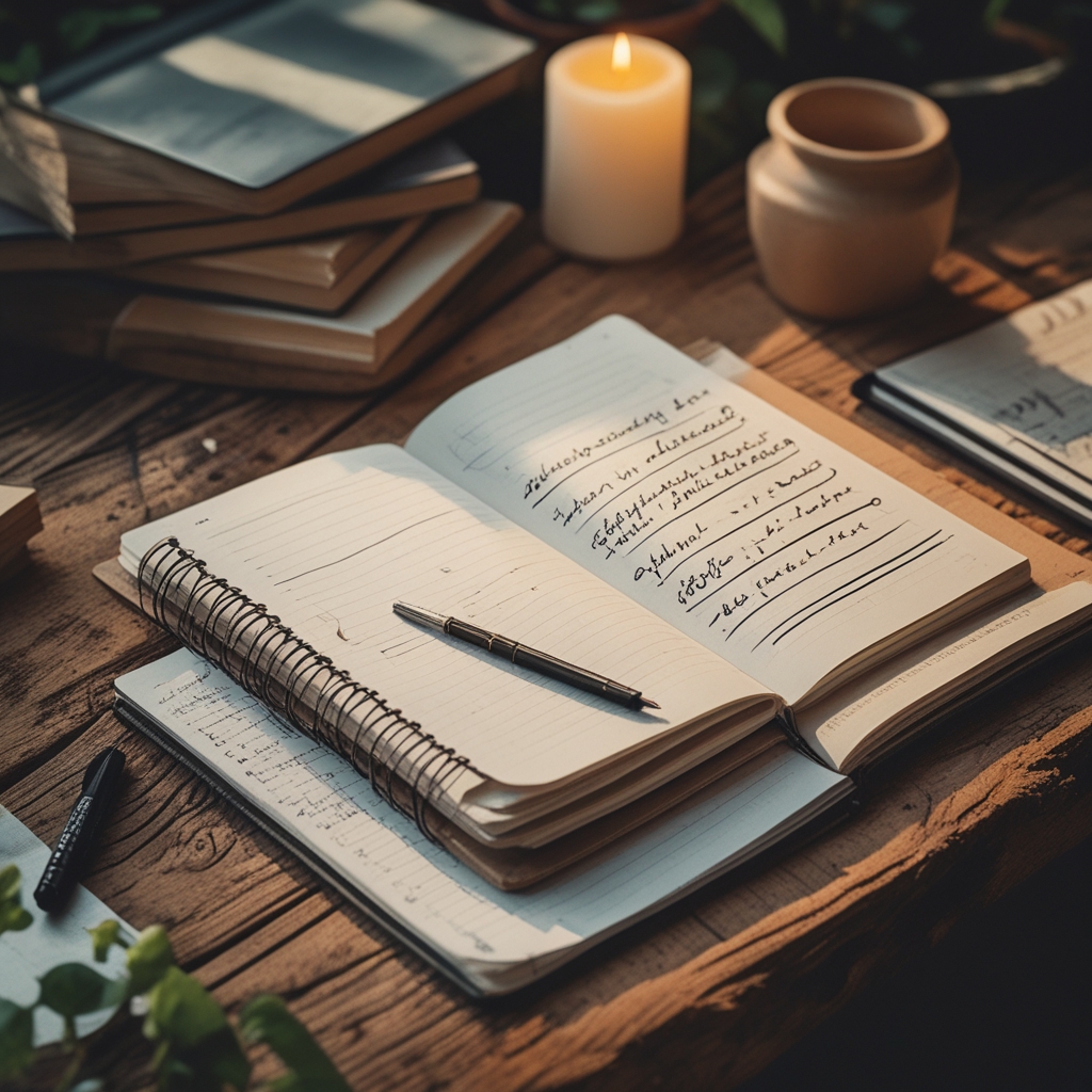 Aufgeschlagenes Notizbuch mit handgeschriebenen Notizen auf einem Holztisch, daneben ein Bleistift und gestapelte Bücher, warmes Abendlicht, Textur und Stille der Studienatmosphäre