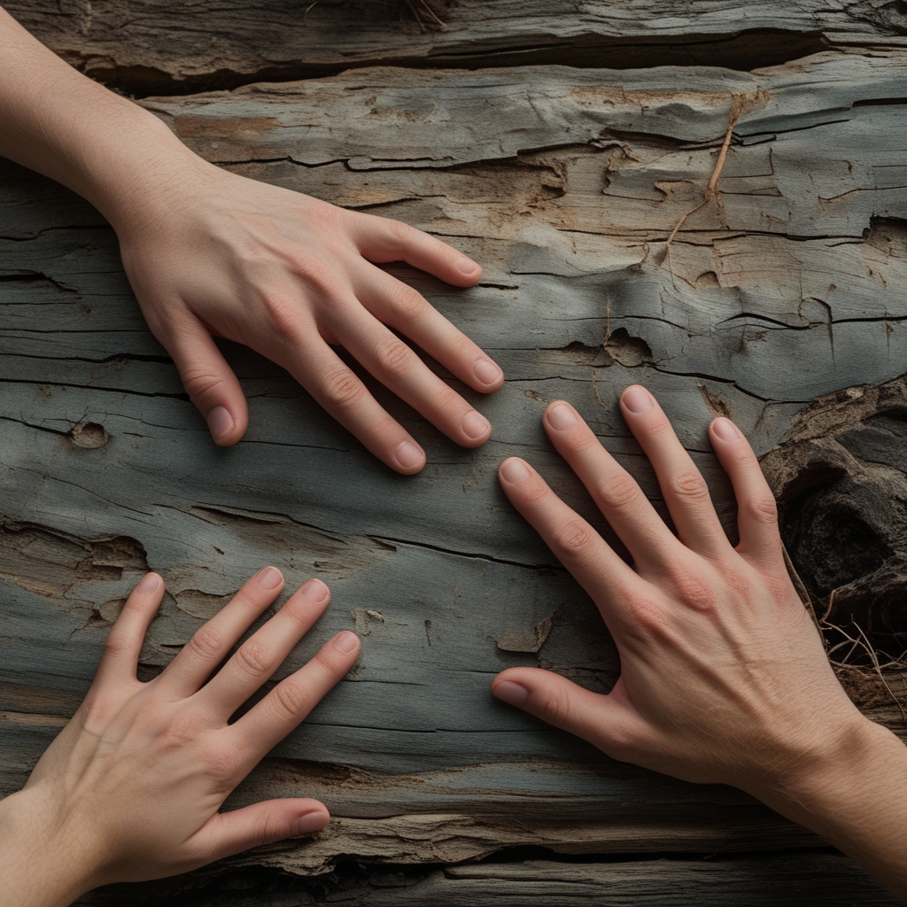 Abstrakte Aufnahme von Händen auf einer ruhigen Holzoberfläche, sanftes Seitenlicht erzeugt tiefe, weiche Schatten, Texturfokus, erdige Farbtöne
