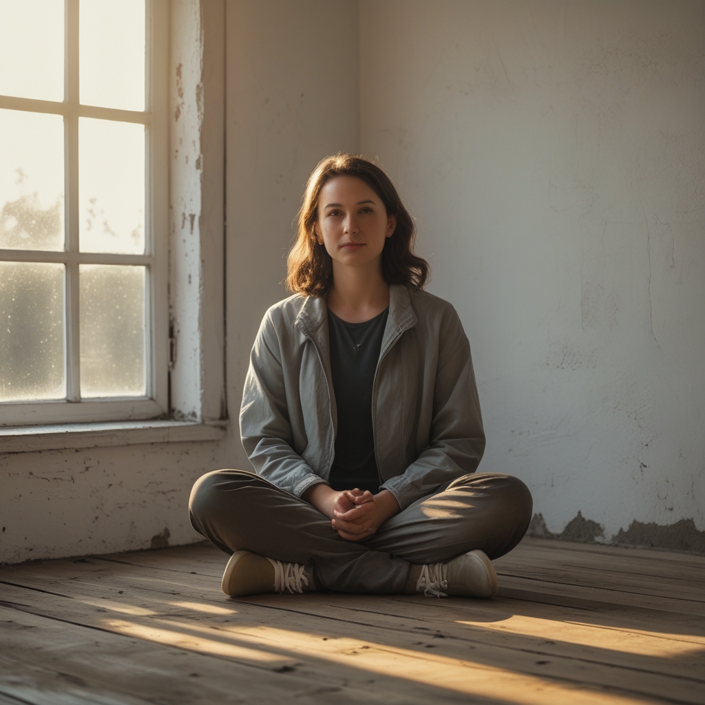 Einzelne Person in ruhiger Sitzpose auf Holzboden, umgeben von weichem Tageslicht durch ein Fenster, Fokus auf Haltung und Stille, neutrale Farbtöne