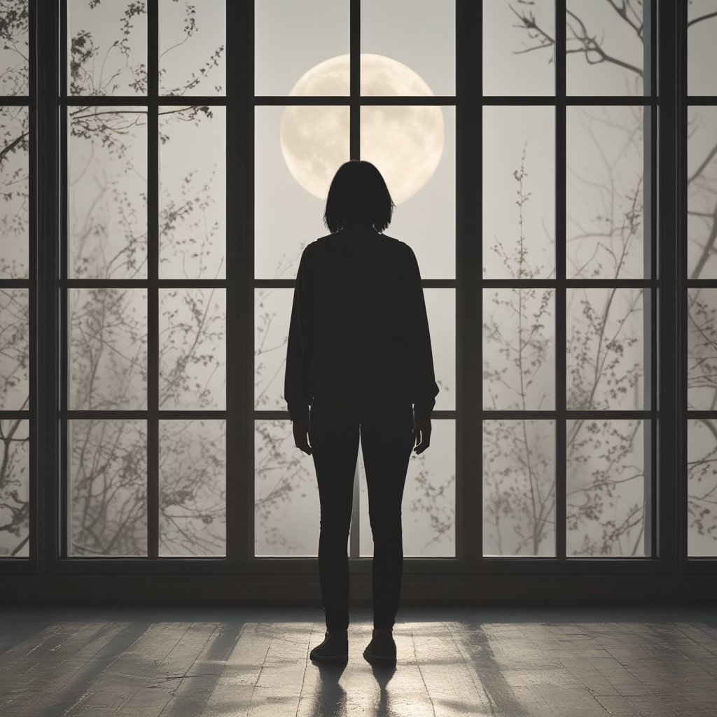 Silhouette einer Person in aufrechter Haltung vor einem großen Fenster mit Blick auf Bäume und Himmel, ruhiges Gegenlicht, Fokus auf Körperkontur und Haltung