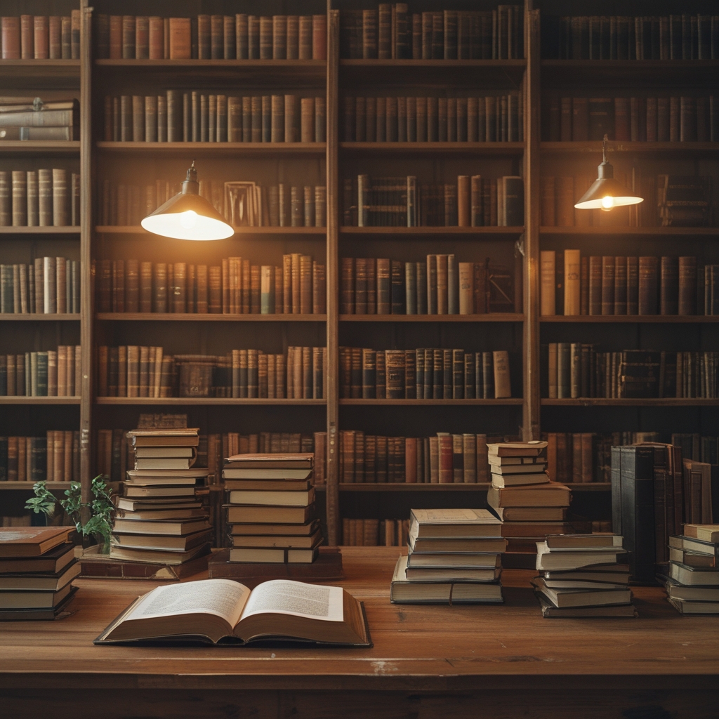 Ruhige Bibliotheksatmosphäre mit aufgeschlagenen Büchern auf einem Holztisch, warmes Lampenlicht, tiefe Holztexturen, Atmosphäre von Wissen und Ruhe